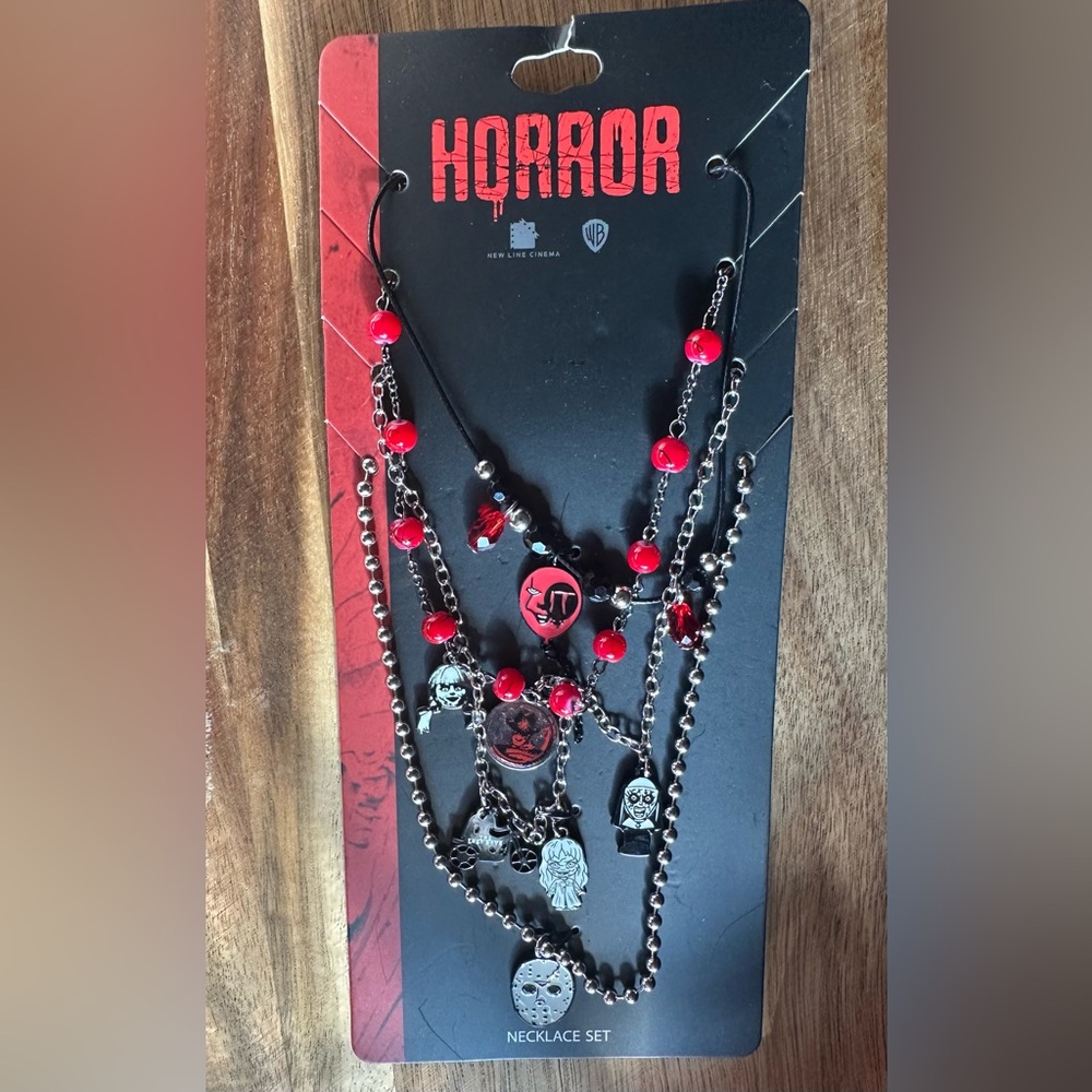 Hot Topic Red and Black Layered Horror Charm Necklace Set